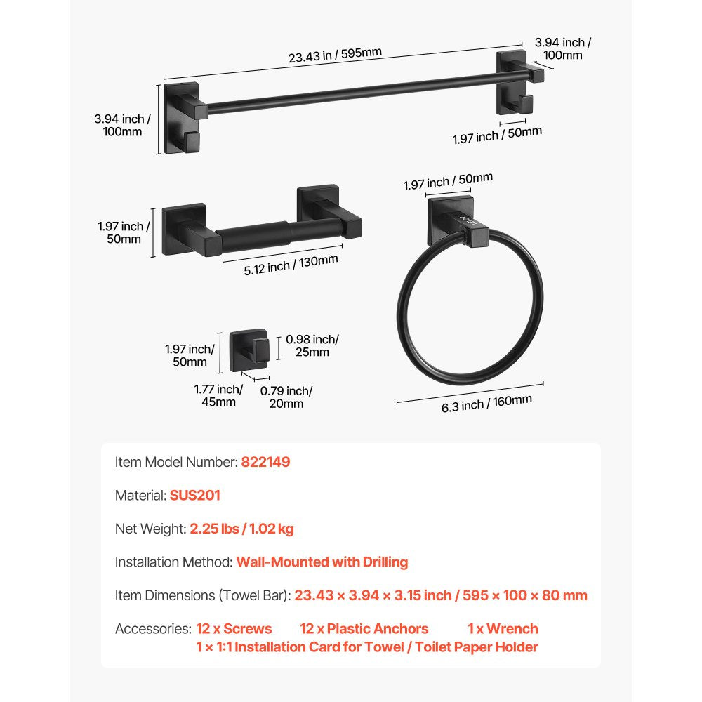 VEVOR Matte Black Bathroom Hardware Set, 4 Pieces Stainless Steel Bathroom Accessories Set, 24-inch Towel Bar, Towel Ring, Robe Towel Hook, Toilet Paper Holder, for Bath Room, Wall Mounted