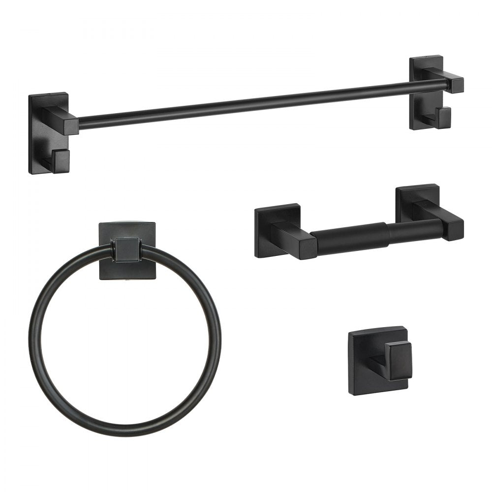 VEVOR Matte Black Bathroom Hardware Set, 4 Pieces Stainless Steel Bathroom Accessories Set, 24-inch Towel Bar, Towel Ring, Robe Towel Hook, Toilet Paper Holder, for Bath Room, Wall Mounted