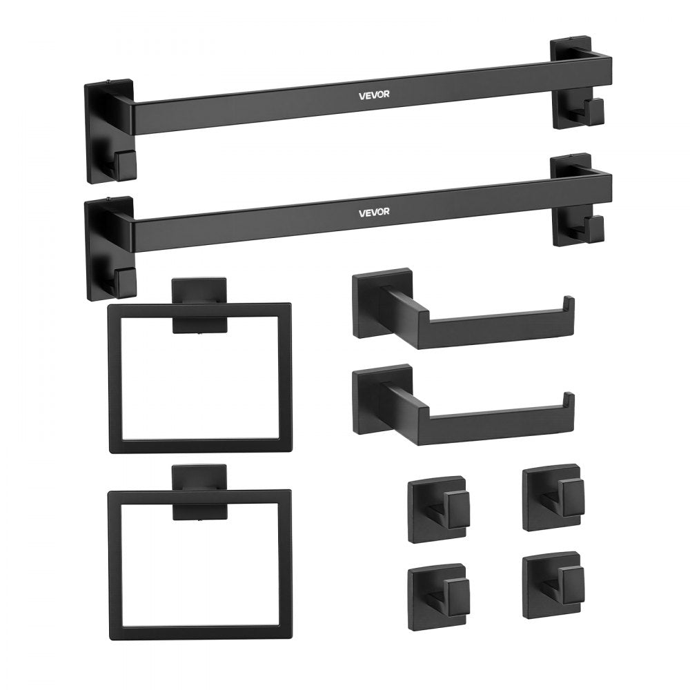 VEVOR Matte Black Bathroom Hardware Set, 10-Piece Bathroom Accessories Set, 2 Stainless Steel 24-in Towel Bars, 2 Towel Racks, 4 Robe Towel Hooks, 2 Toilet Paper Holders for Bath Room, Wall Mounted