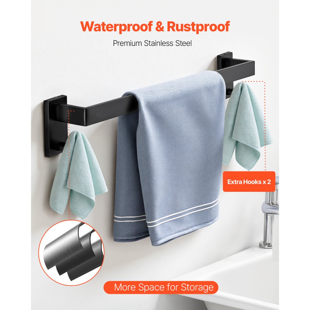 VEVOR Matte Black Bathroom Hardware Set, 5 Pieces Stainless Steel Bathroom Accessories Set, 24-inch Towel Bar, Towel Rack, 2 Robe Towel Hooks, Toilet Paper Holder, for Bath Room, Wall Mounted