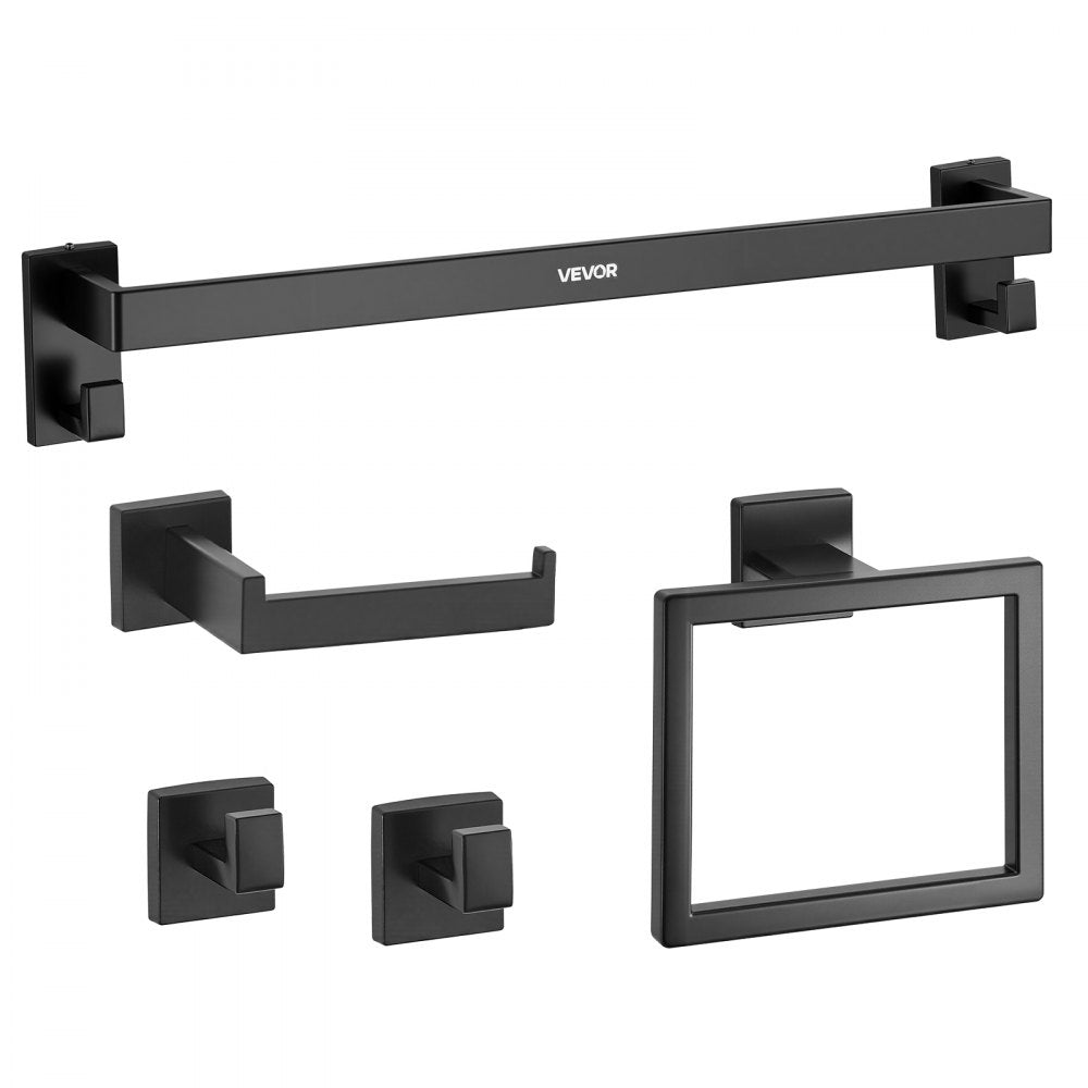 VEVOR Matte Black Bathroom Hardware Set, 5 Pieces Stainless Steel Bathroom Accessories Set, 24-inch Towel Bar, Towel Rack, 2 Robe Towel Hooks, Toilet Paper Holder, for Bath Room, Wall Mounted