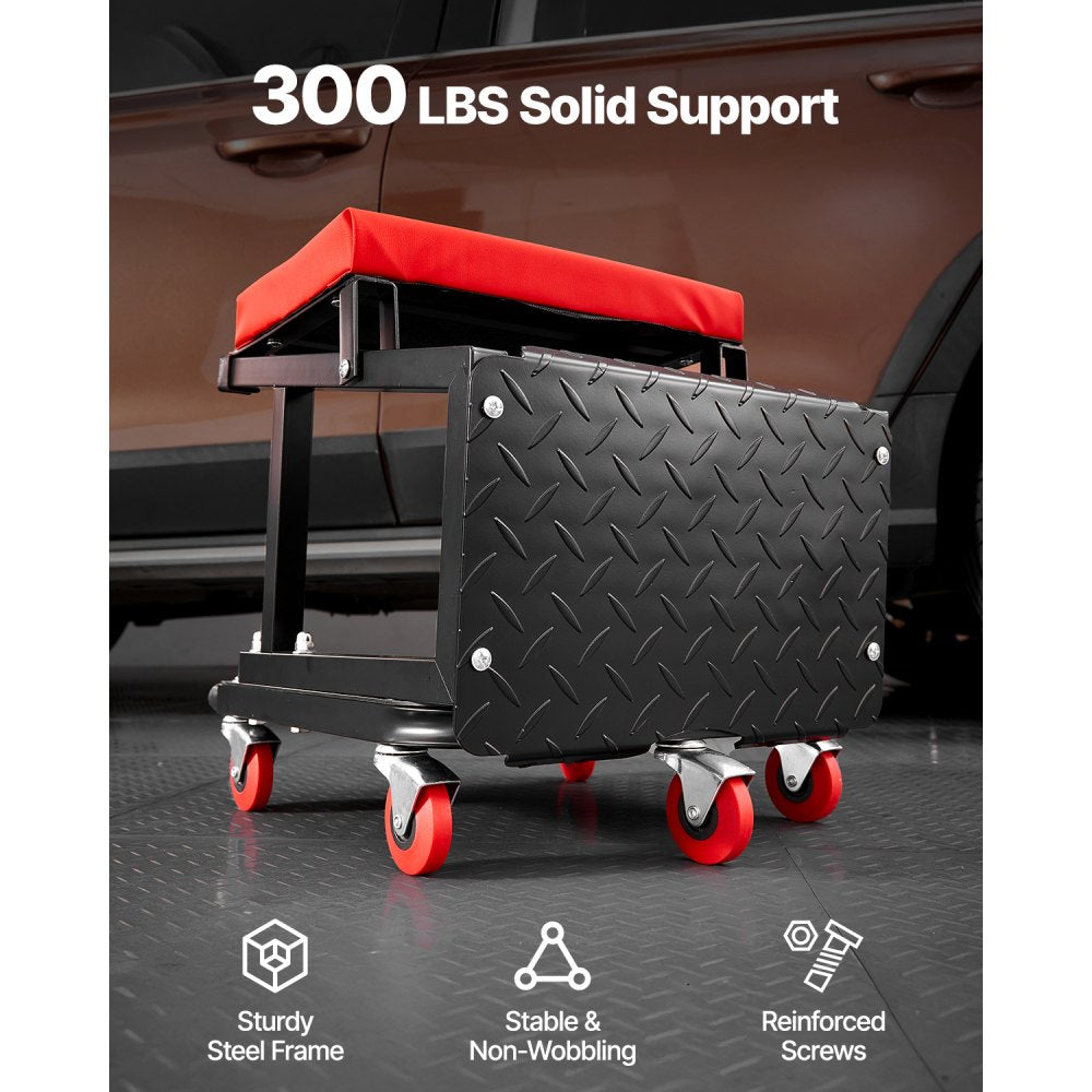 VEVOR Mechanic Stool, 300 lbs Capacity Garage Seat/Work Stool with Wheels, 360° Swivel Rolling Workshop Stool with Tool Tray, Mechanics Creeper Seat/Step Stool, for Garage, Shop & Auto Repair, Black