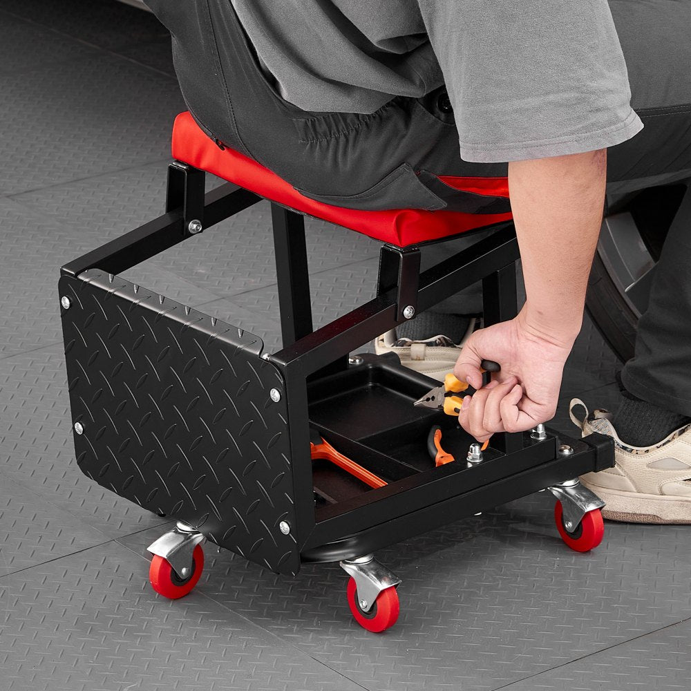 VEVOR Mechanic Stool, 300 lbs Capacity Garage Seat/Work Stool with Wheels, 360° Swivel Rolling Workshop Stool with Tool Tray, Mechanics Creeper Seat/Step Stool, for Garage, Shop & Auto Repair, Black