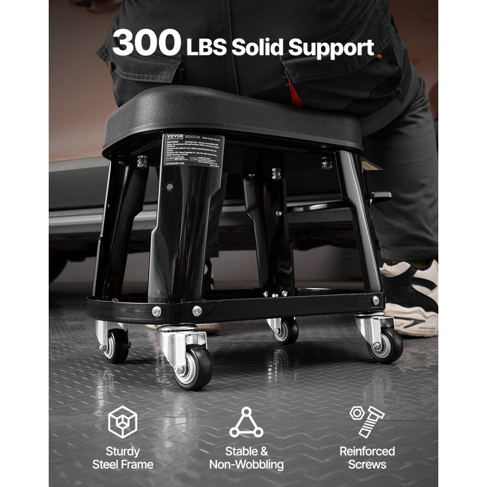 VEVOR Mechanic Stool, 300 lbs Capacity Garage Seat/Work Stool with Wheels, 360° Swivel Rolling Workshop Stool with Tool Tray and Screwdriver Rack, Heavy-Duty, for Garage, Shop & Auto Repair, Black
