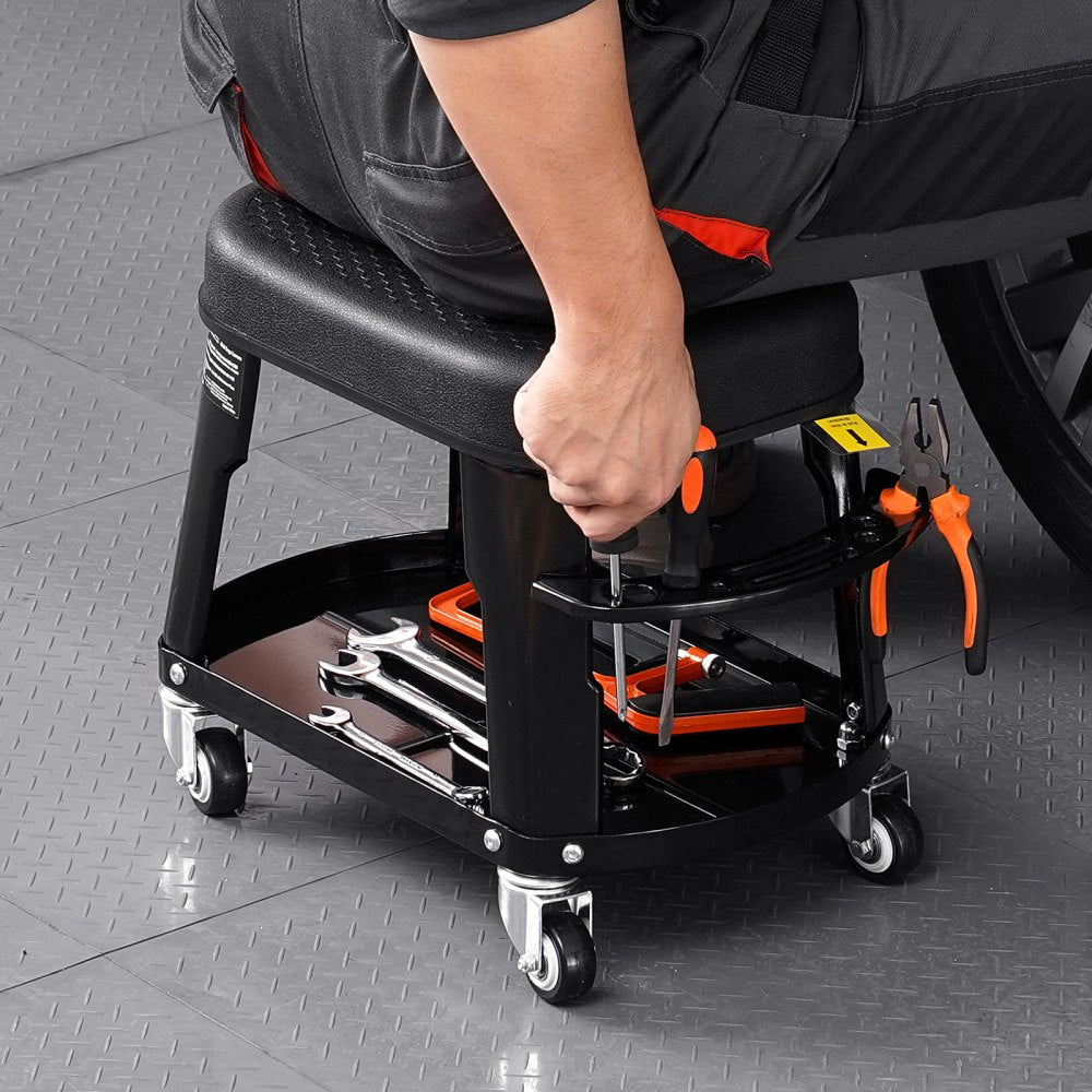 VEVOR Mechanic Stool, 300 lbs Capacity Garage Seat/Work Stool with Wheels, 360° Swivel Rolling Workshop Stool with Tool Tray and Screwdriver Rack, Heavy-Duty, for Garage, Shop & Auto Repair, Black