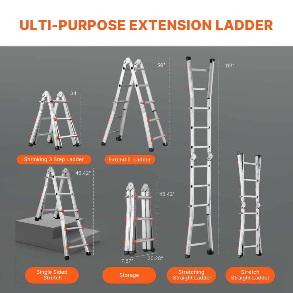VEVOR Telescoping Ladder A Frame, 9.5 FT Compact Aluminum Extension Ladder, Multi-Function Portable Collapsible RV Ladder, Telescopic Ladder for Homework Stairs Indoor Outdoor Roof, 330lb Load