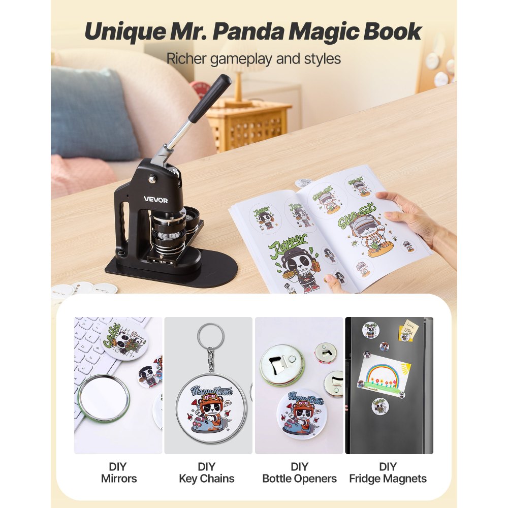 VEVOR Button Maker Machine, 1.26/2.28/2.95 inch 3-in-1, Plastic Pin Maker with 300pcs Button Parts, Circle Cutter and Magic Book, Reinforced Ergonomic Handle, for DIY Badges, Personalized Pins, Black