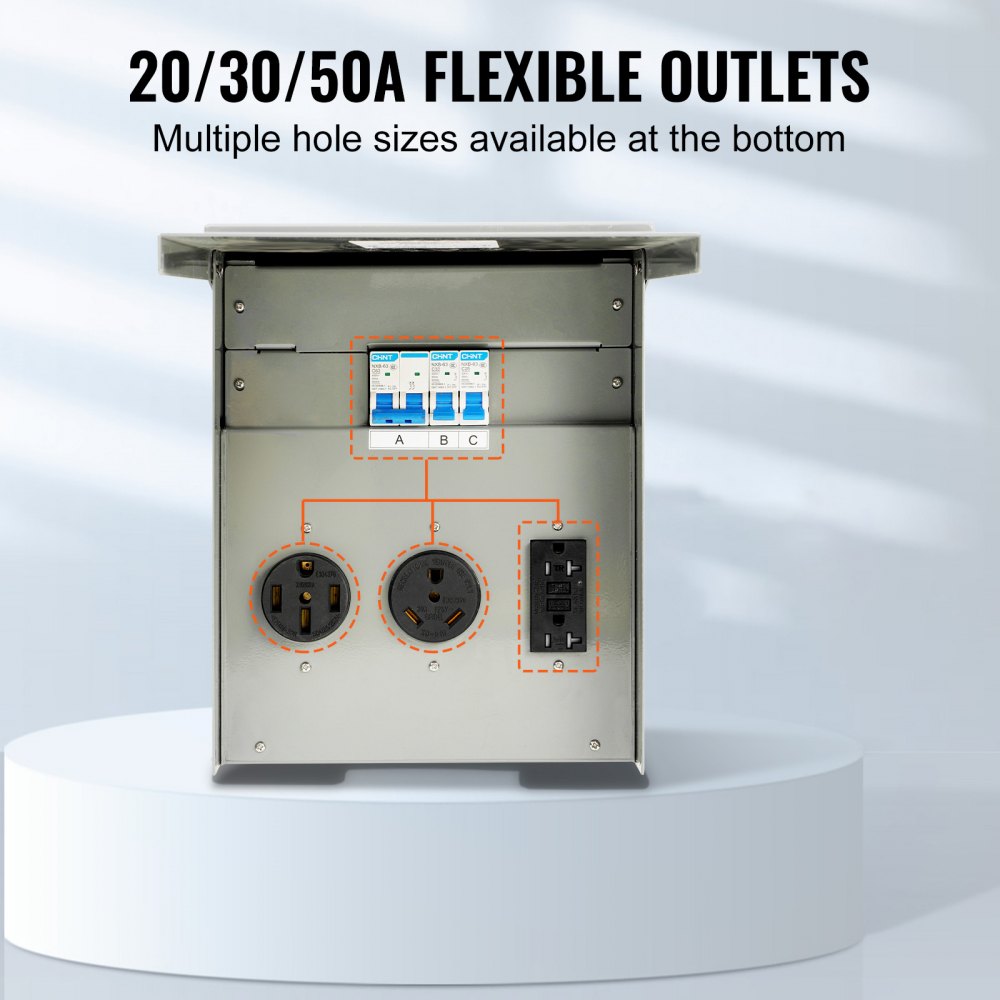 VEVOR Temporary Power Outlet Panel, 125/250V, RV Power Outlet Box with a 20/30/50 Amp Receptacle Installed, NEMA 14-50R / NEMA TT-30R / 15A GFCI for RV Camper Trailer Motorhome