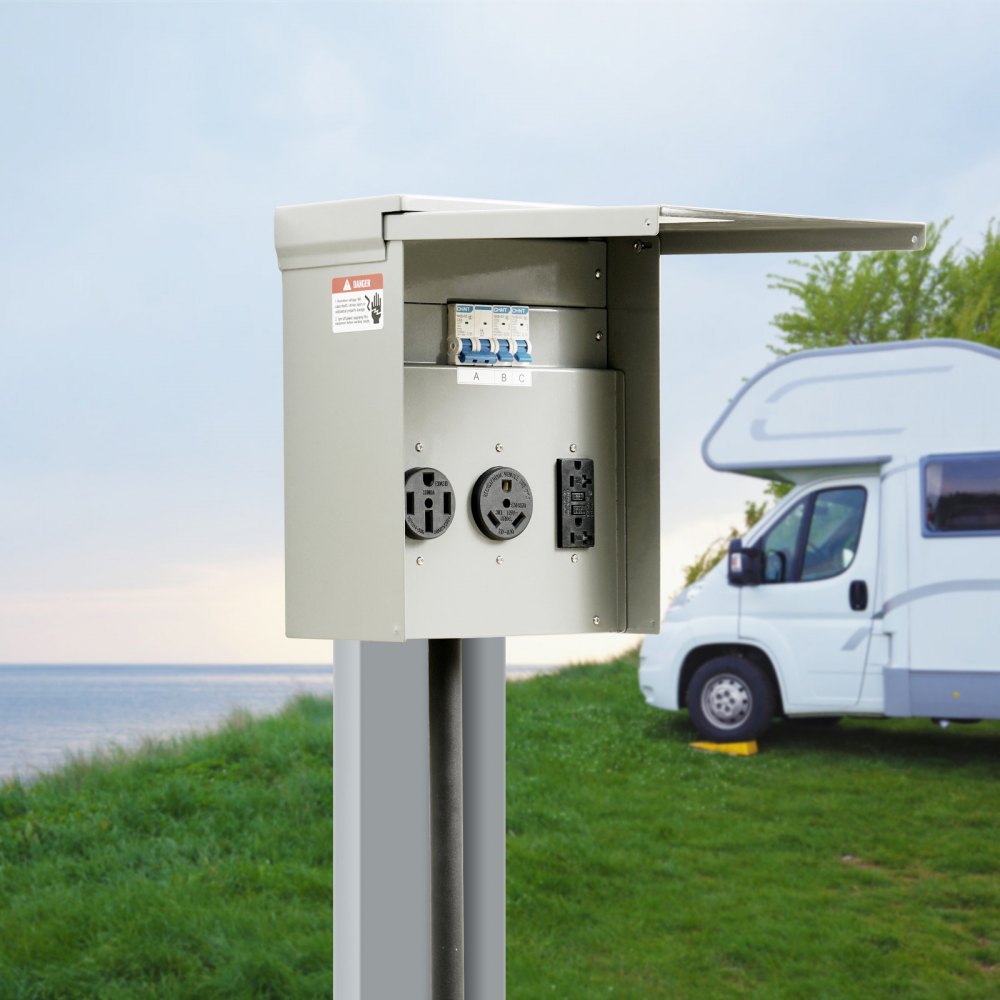 VEVOR Temporary Power Outlet Panel, 125/250V, RV Power Outlet Box with a 20/30/50 Amp Receptacle Installed, NEMA 14-50R / NEMA TT-30R / 15A GFCI for RV Camper Trailer Motorhome