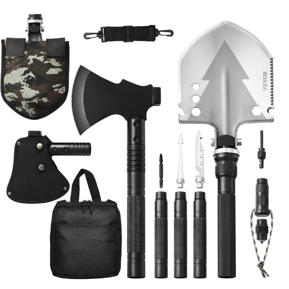 VEVOR Survival Shovel Survival Axe, 16-in-1 Camping Folding Shovels with Hatchet, Stainless Steel Tactical Shovel Hatchet Combo, Multifunctional Emergency Survival Gear Equipment for Camping Hiking