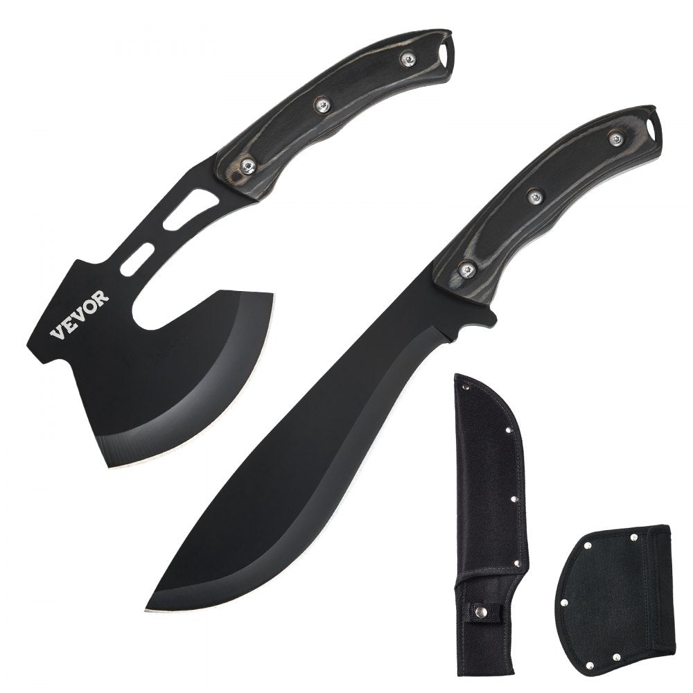 VEVOR Hunting Knife and Hatchet Axe Combo Set with Sheath, Fixed Blade Tactical Knife and Camping Axe, Stainless Steel Survival Knife and Camping Hatchet for Outdoor Survival Hunting Camping Adventure