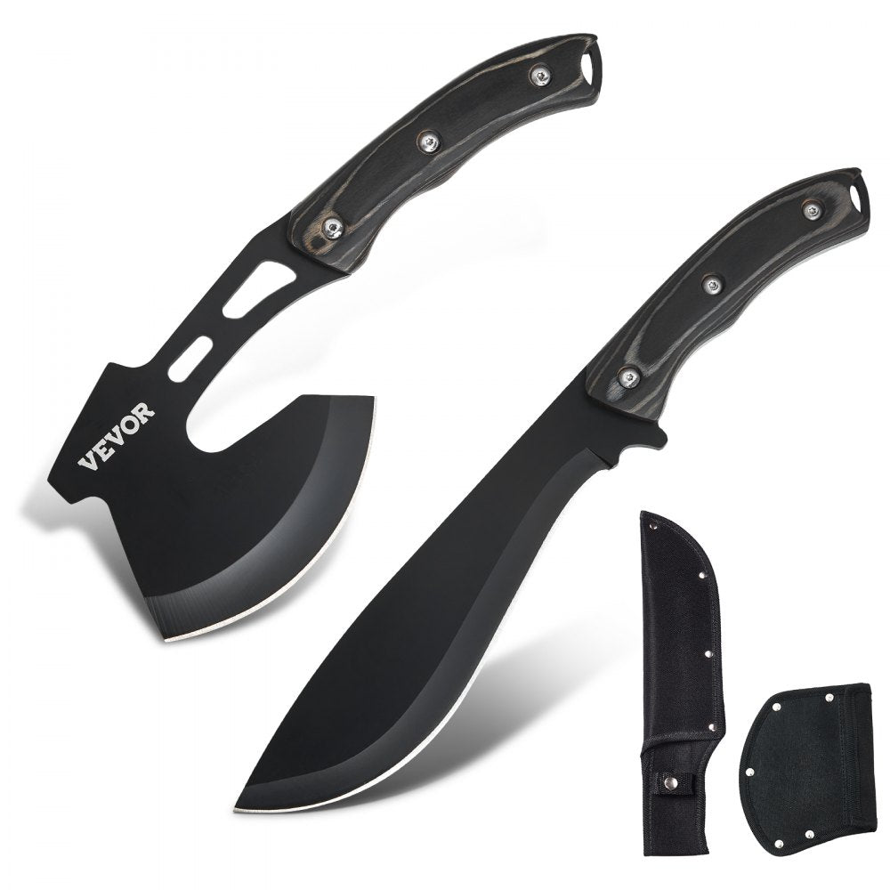 VEVOR Hunting Knife and Hatchet Axe Combo Set with Sheath, Fixed Blade Tactical Knife and Camping Axe, Stainless Steel Survival Knife and Camping Hatchet for Outdoor Survival Hunting Camping Adventure