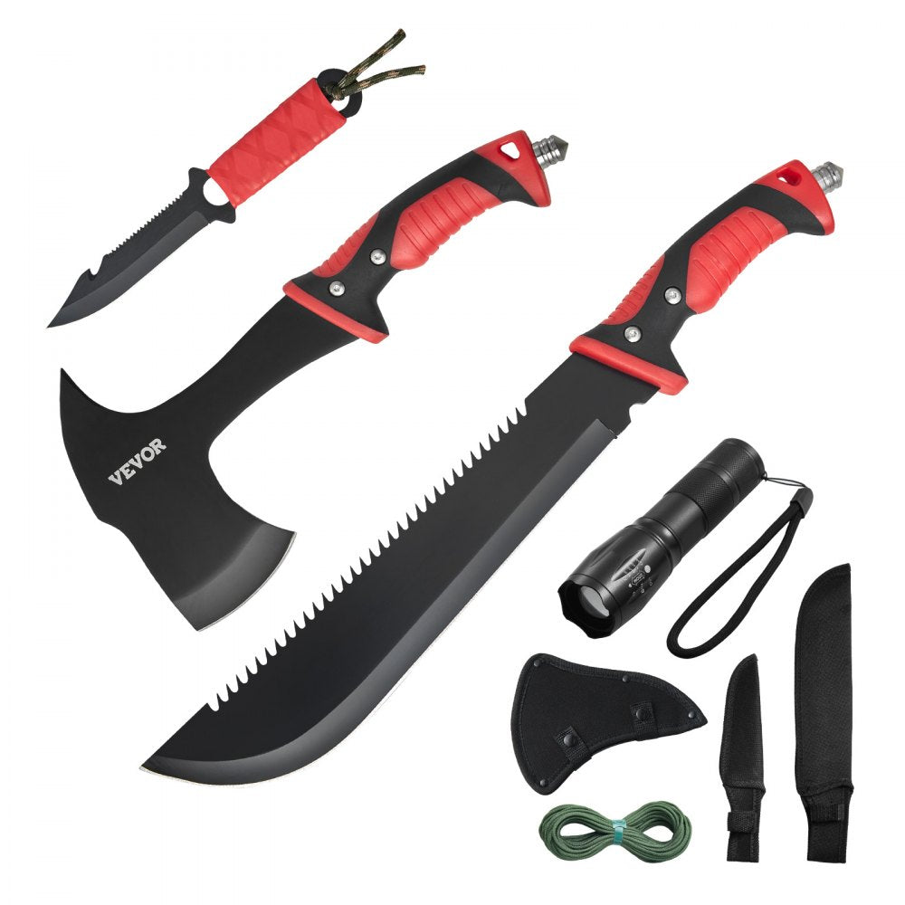 VEVOR Camping Hatchet and Machete Knife Set with Sheath, Hunting Knife, Flashlight, Paracord, 16 inch Machete, Stainless Steel Camping Axe Tool Set for Outdoor Survival Hunting Camping Adventure