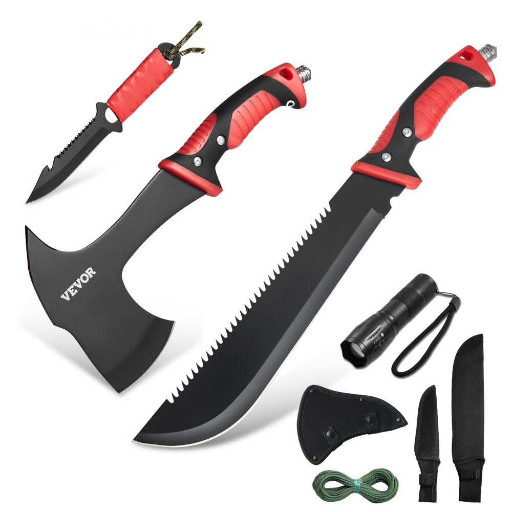 VEVOR Camping Hatchet and Machete Knife Set with Sheath, Hunting Knife, Flashlight, Paracord, 16 inch Machete, Stainless Steel Camping Axe Tool Set for Outdoor Survival Hunting Camping Adventure