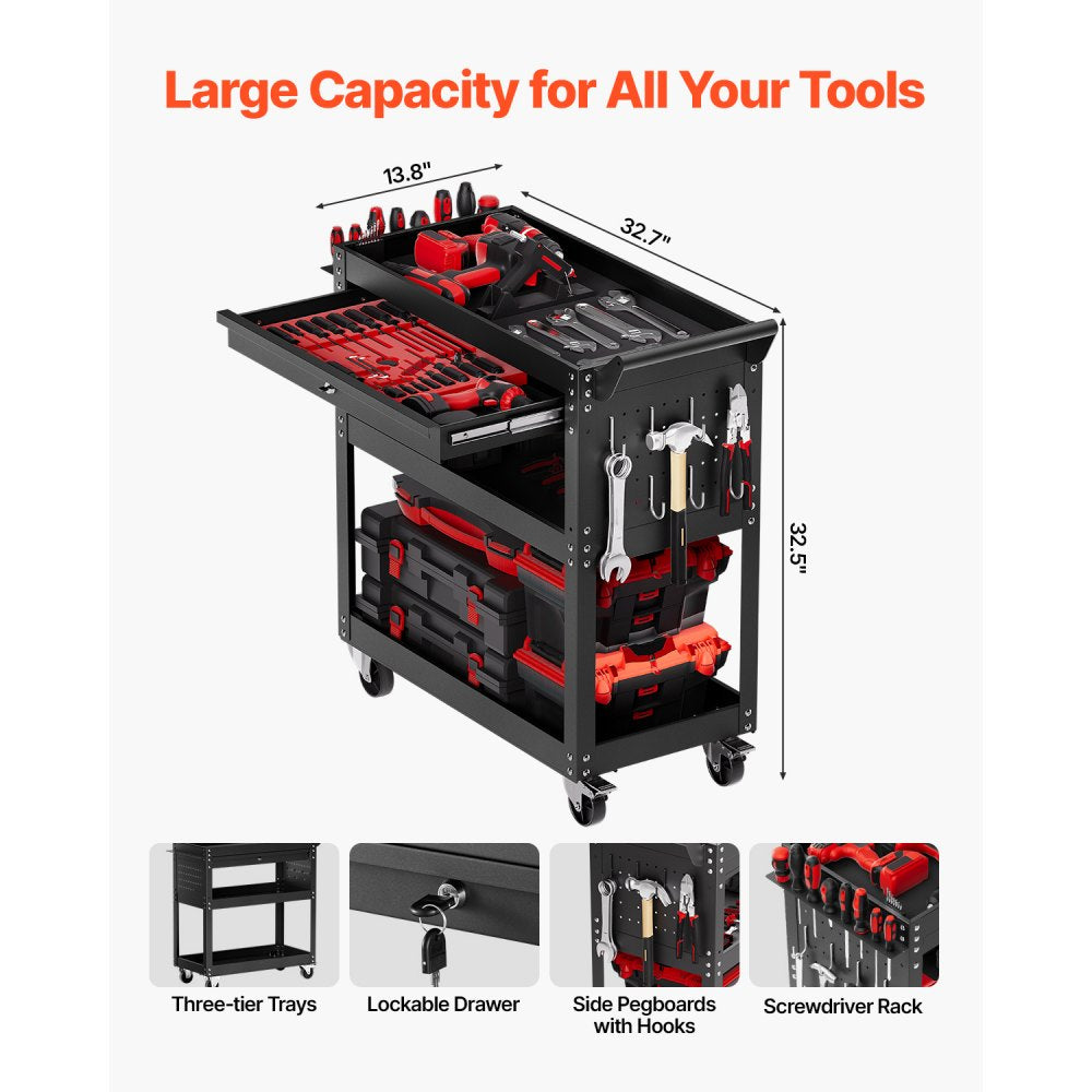 VEVOR 4-Tier Tool Cart with Wheels, 350 lbs Load Capacity, Rolling Work Cart with Drawer & Pegboard, Mechanic Tool Storage Organizer with Locking System for Garage, Warehouse and Repair Shop, Black