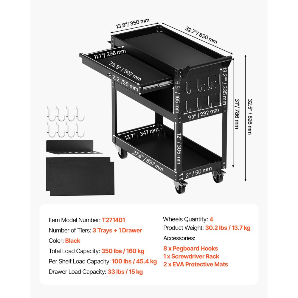 VEVOR 4-Tier Tool Cart with Wheels, 350 lbs Load Capacity, Rolling Work Cart with Drawer & Pegboard, Mechanic Tool Storage Organizer with Locking System for Garage, Warehouse and Repair Shop, Black