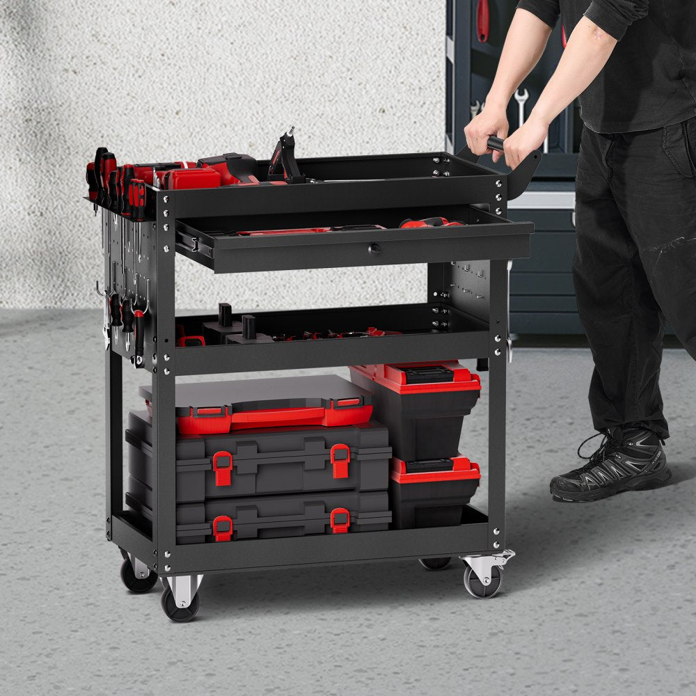 VEVOR 4-Tier Tool Cart with Wheels, 350 lbs Load Capacity, Rolling Work Cart with Drawer & Pegboard, Mechanic Tool Storage Organizer with Locking System for Garage, Warehouse and Repair Shop, Black
