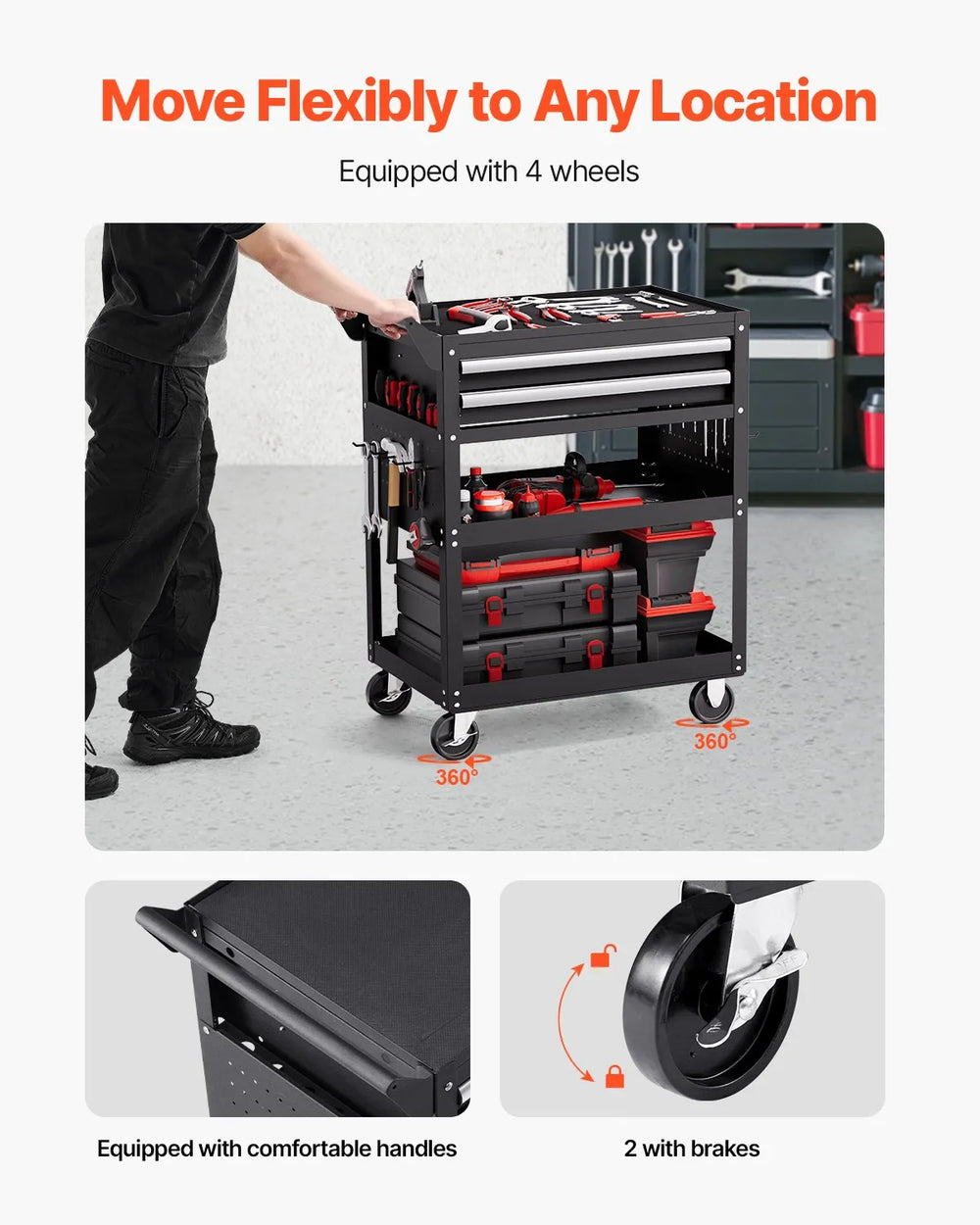 VEVOR 5-Tier Tool Cart with Wheels, 400 lbs Load Capacity, Rolling Work Cart with 2 Drawers & Pegboard, Mechanic Tool Storage Organizer with Locking System for Garage, Warehouse and Repair Shop, Black
