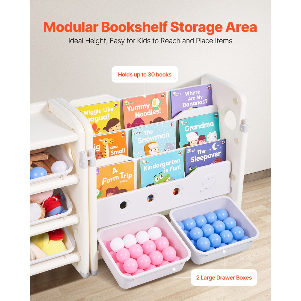 VEVOR Kids Toy Storage with Bookshelf, 4-Tier Toy Storage Organizer with 10 Movable Plastic Bins, Kids Cubby Cabinet with Bookshelf for Study Room, Bedroom, Playroom, Classroom, Nursery, Gray + Beige