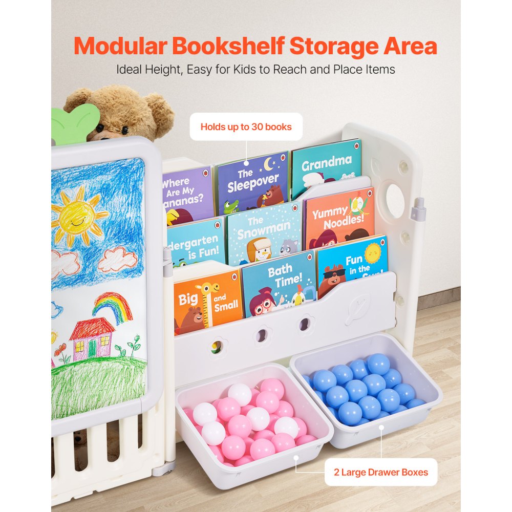 VEVOR Kids Toy Storage with Bookshelf, 4-Tier Large Toy Storage Organizer with 10 Plastic Movable Bins, Kids Cubby Cabinet with Bookshelf and Drawing Board for Study Room, Playroom, Classroom, Nursery