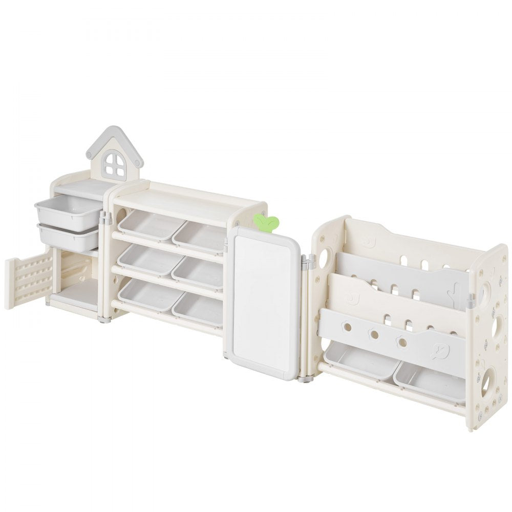 VEVOR Kids Toy Storage with Bookshelf, 4-Tier Large Toy Storage Organizer with 10 Plastic Movable Bins, Kids Cubby Cabinet with Bookshelf and Drawing Board for Study Room, Playroom, Classroom, Nursery