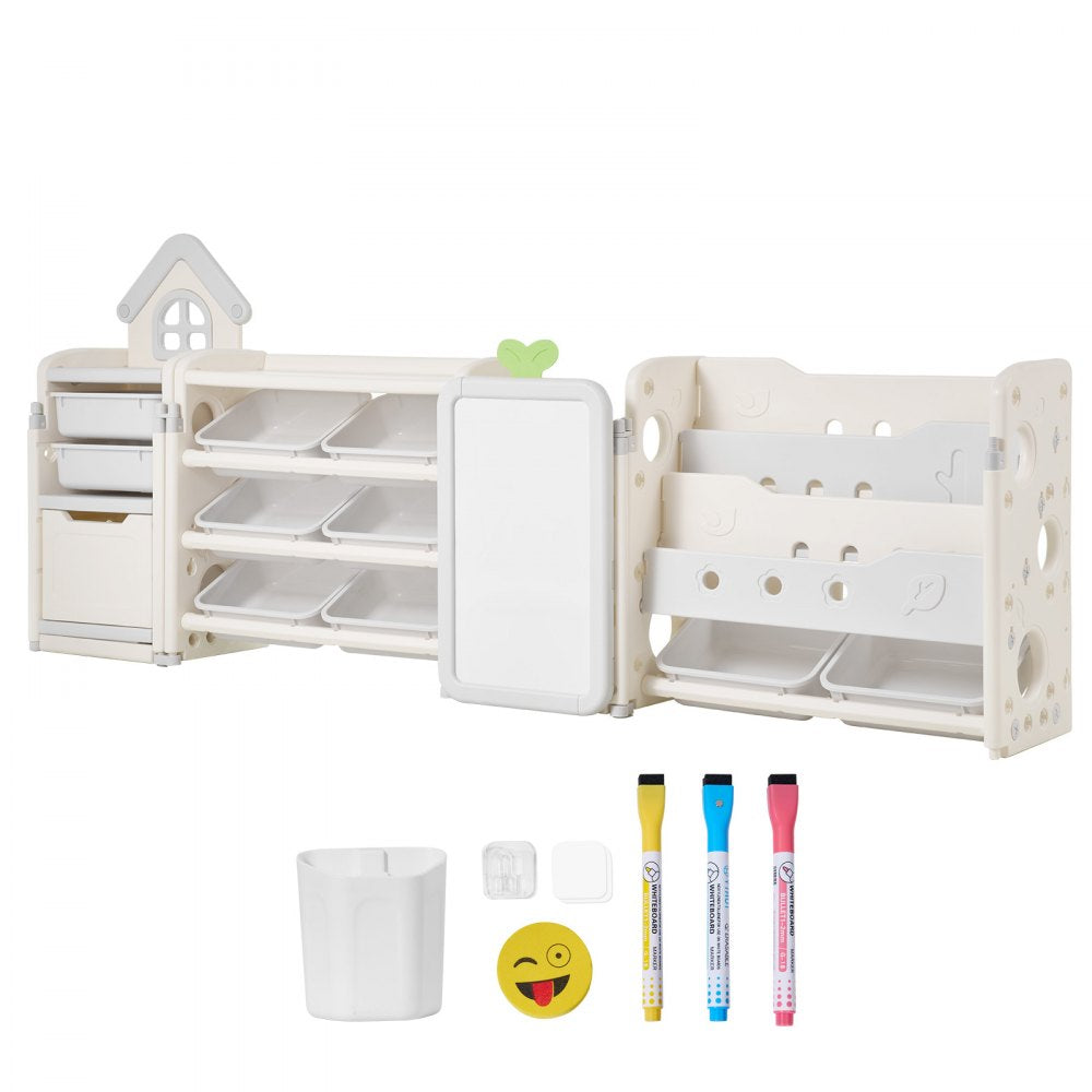 VEVOR Kids Toy Storage with Bookshelf, 4-Tier Large Toy Storage Organizer with 10 Plastic Movable Bins, Kids Cubby Cabinet with Bookshelf and Drawing Board for Study Room, Playroom, Classroom, Nursery