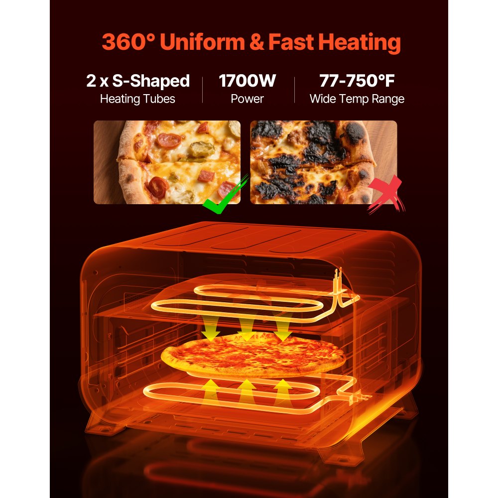 VEVOR Pizza Oven, 8 Presets Electric Pizza Ovens Air Fry Combo, 12-Inch Indoor Pizza Maker Smart Knob Control , 750°F Max Temp, IPX4 Waterproof Countertop Pizza Cooker w/Pizza Stone,Fry Basket