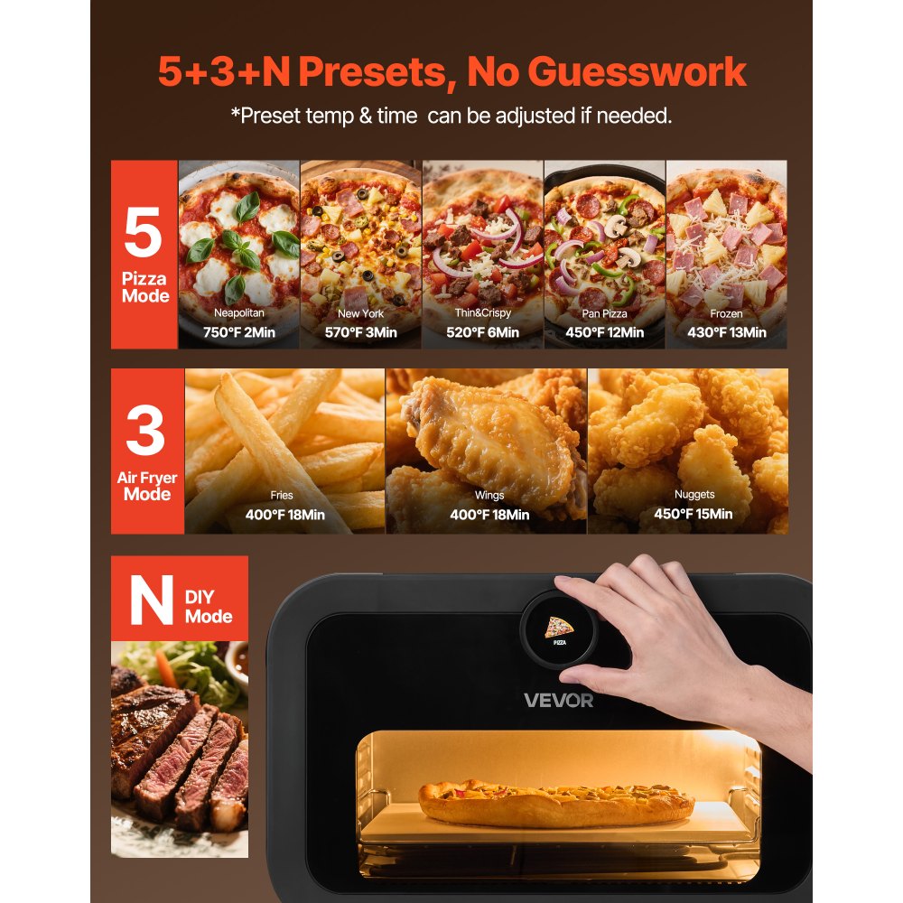 VEVOR Pizza Oven, 8 Presets Electric Pizza Ovens Air Fry Combo, 12-Inch Indoor Pizza Maker Smart Knob Control , 750°F Max Temp, IPX4 Waterproof Countertop Pizza Cooker w/Pizza Stone,Fry Basket