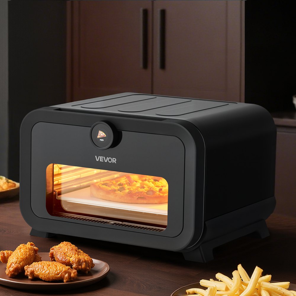 VEVOR Pizza Oven, 8 Presets Electric Pizza Ovens Air Fry Combo, 12-Inch Indoor Pizza Maker Smart Knob Control , 750°F Max Temp, IPX4 Waterproof Countertop Pizza Cooker w/Pizza Stone,Fry Basket