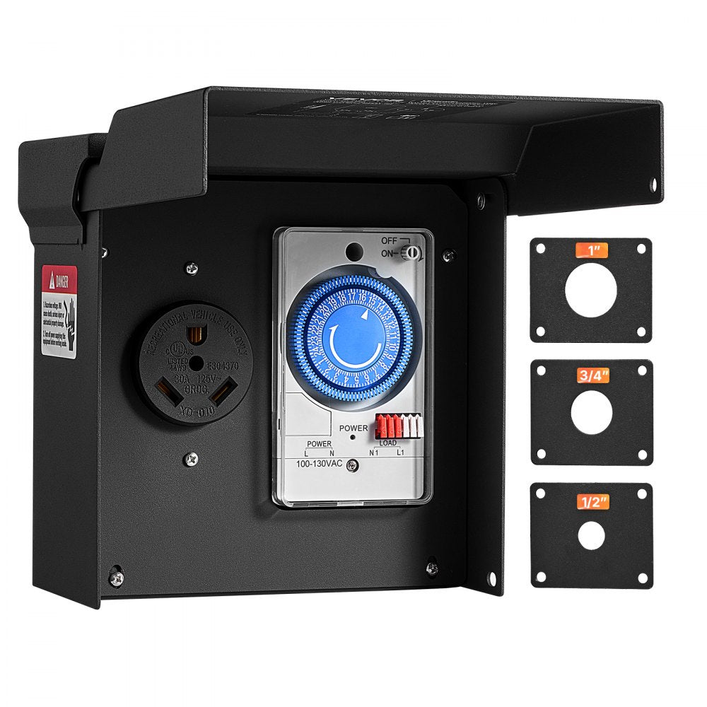 VEVOR 30 Amp RV Power Outlet Box with Timer NEMA TT-30R Receptacle 125V, for RV EV Camper Trailer Electric Car, Easy Installation, Lockable Enclosed Outdoor Electrical Panel, NEMA 3R Weatherproof