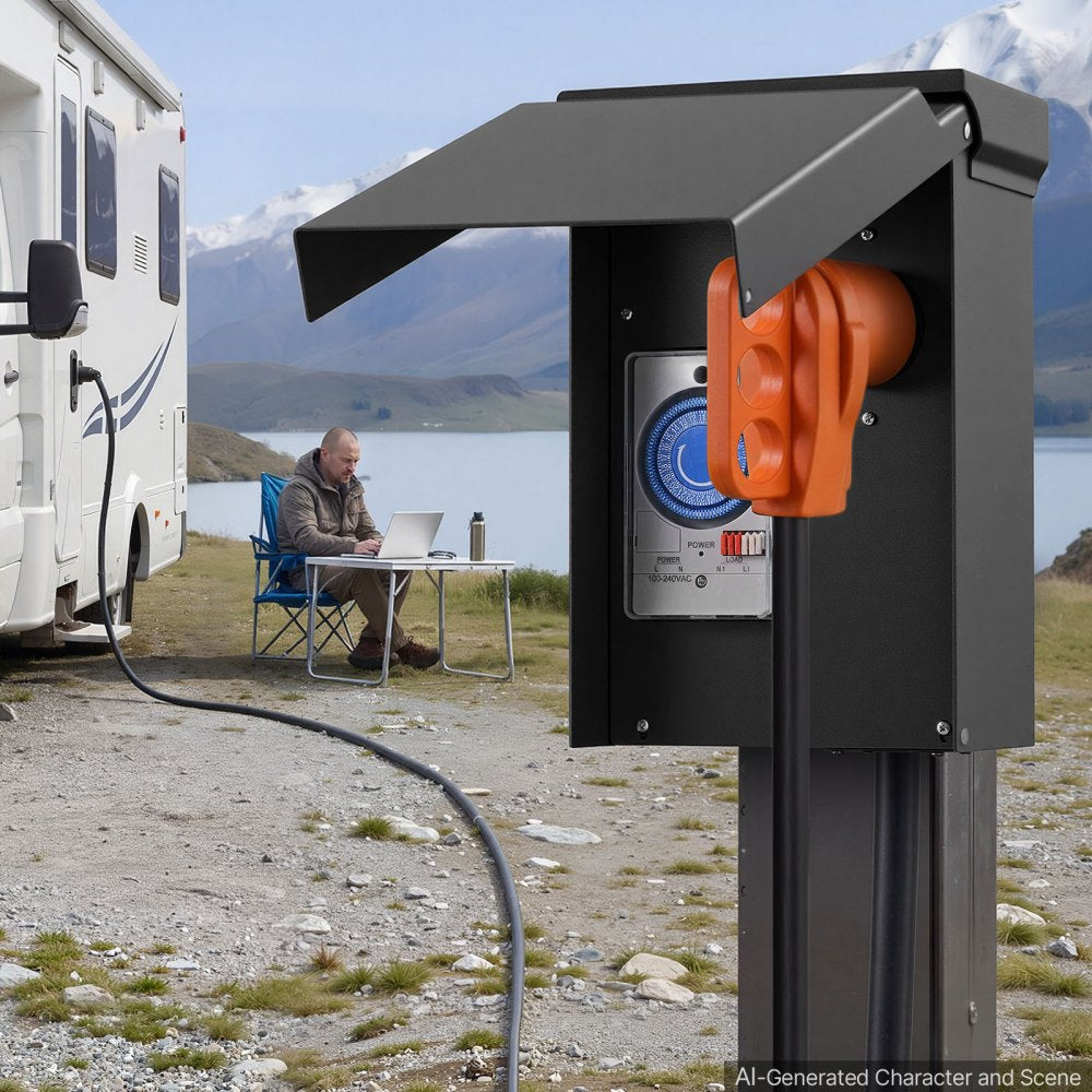 VEVOR 50 Amp RV Power Outlet Box with Timer NEMA 14-50R Receptacle 250V, for RV EV Camper Trailer Electric Car, Easy Installation, Lockable Enclosed Outdoor Electrical Panel, NEMA 3R Weatherproof