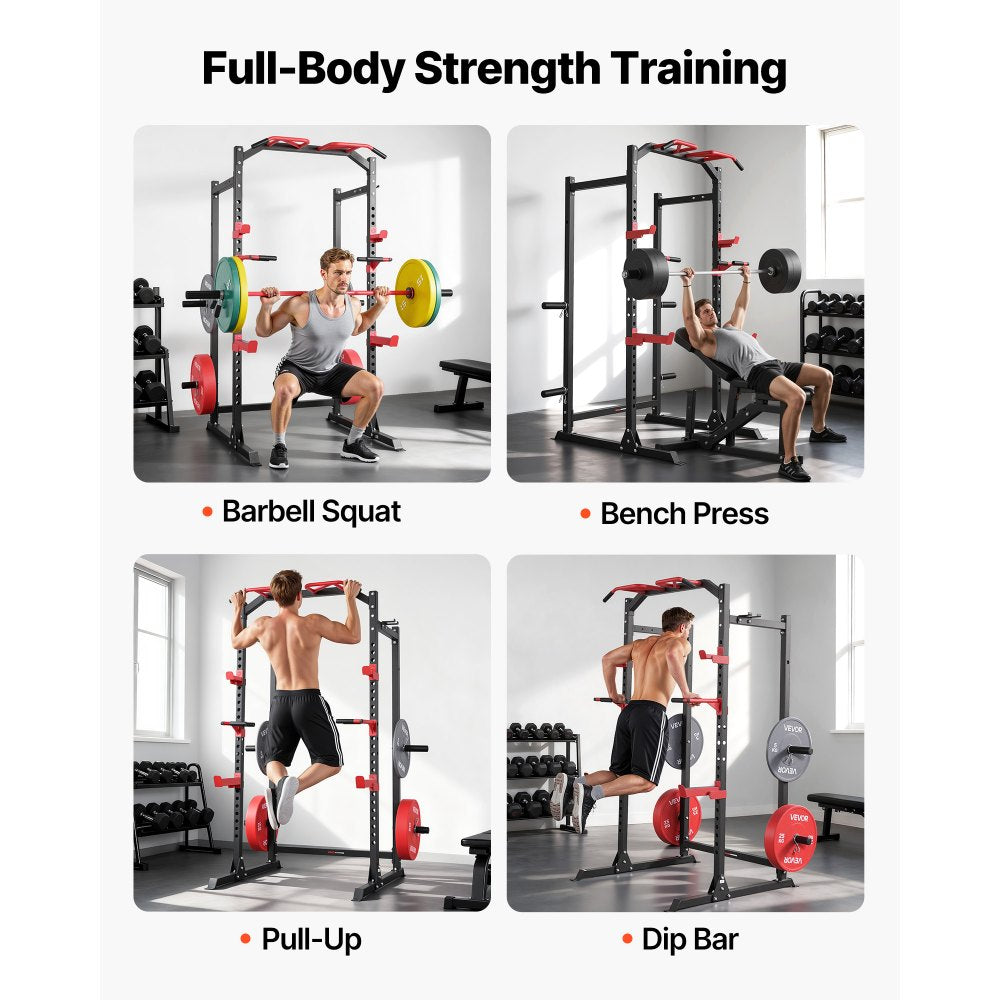 VEVOR Power Cage Power Rack, Multifunctional Barbell Squat Rack with Adjustable Height, Home Gym Strength Training Workout Equipment with J-Hooks & More Fitness Attachment for Bench Press Pull-Up Dips