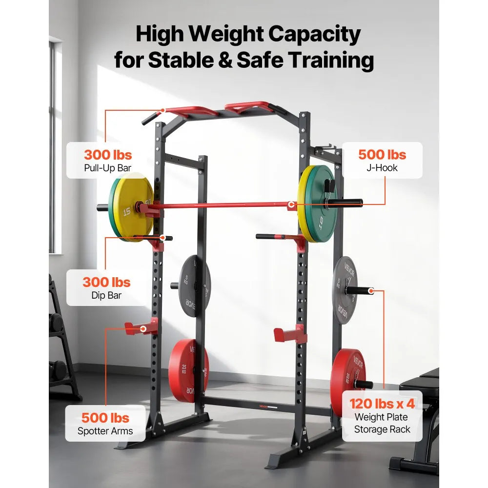 VEVOR Power Cage Power Rack, Multifunctional Barbell Squat Rack with Adjustable Height, Home Gym Strength Training Workout Equipment with J-Hooks & More Fitness Attachment for Bench Press Pull-Up Dips
