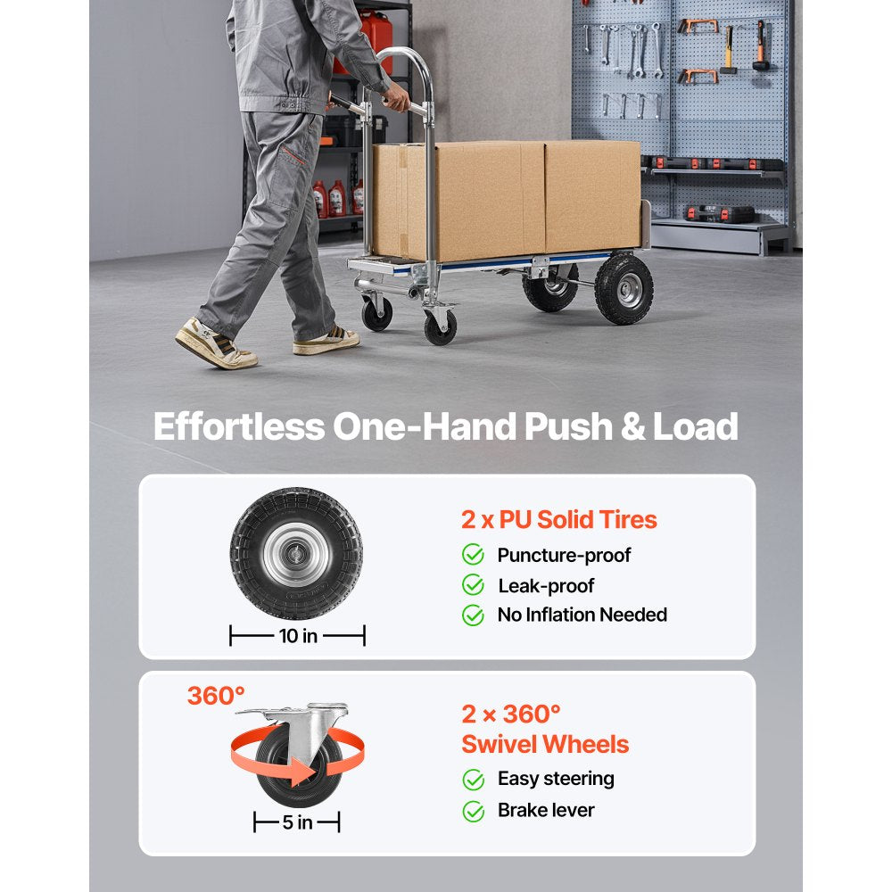 VEVOR 2 in 1 Hand Truck, 1000 lbs Load Capacity for 4-Wheel Mode, Convertible Hand Truck Dolly with Non-Slip Handle & Wheels, Portable Trolley Dolly for Moving Home, Office, Warehouse, Supermarket