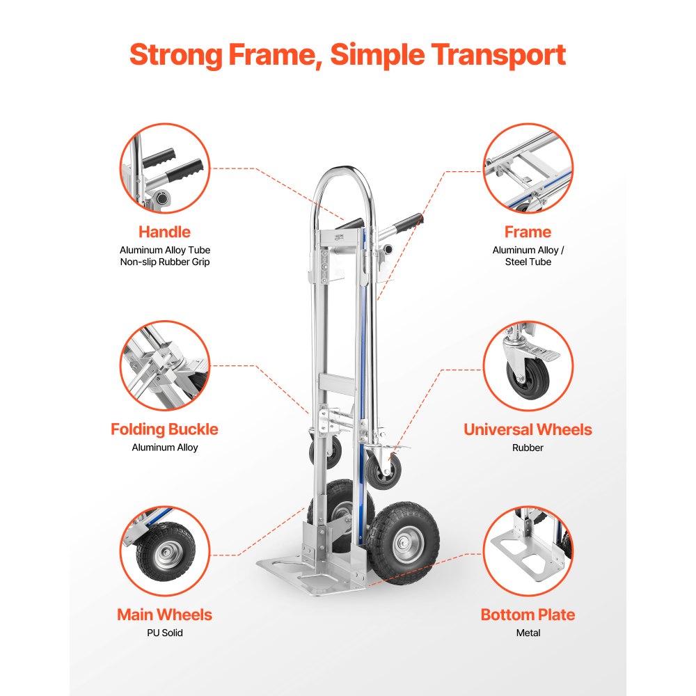 VEVOR 2 in 1 Hand Truck, 1000 lbs Load Capacity for 4-Wheel Mode, Convertible Hand Truck Dolly with Non-Slip Handle & Wheels, Portable Trolley Dolly for Moving Home, Office, Warehouse, Supermarket