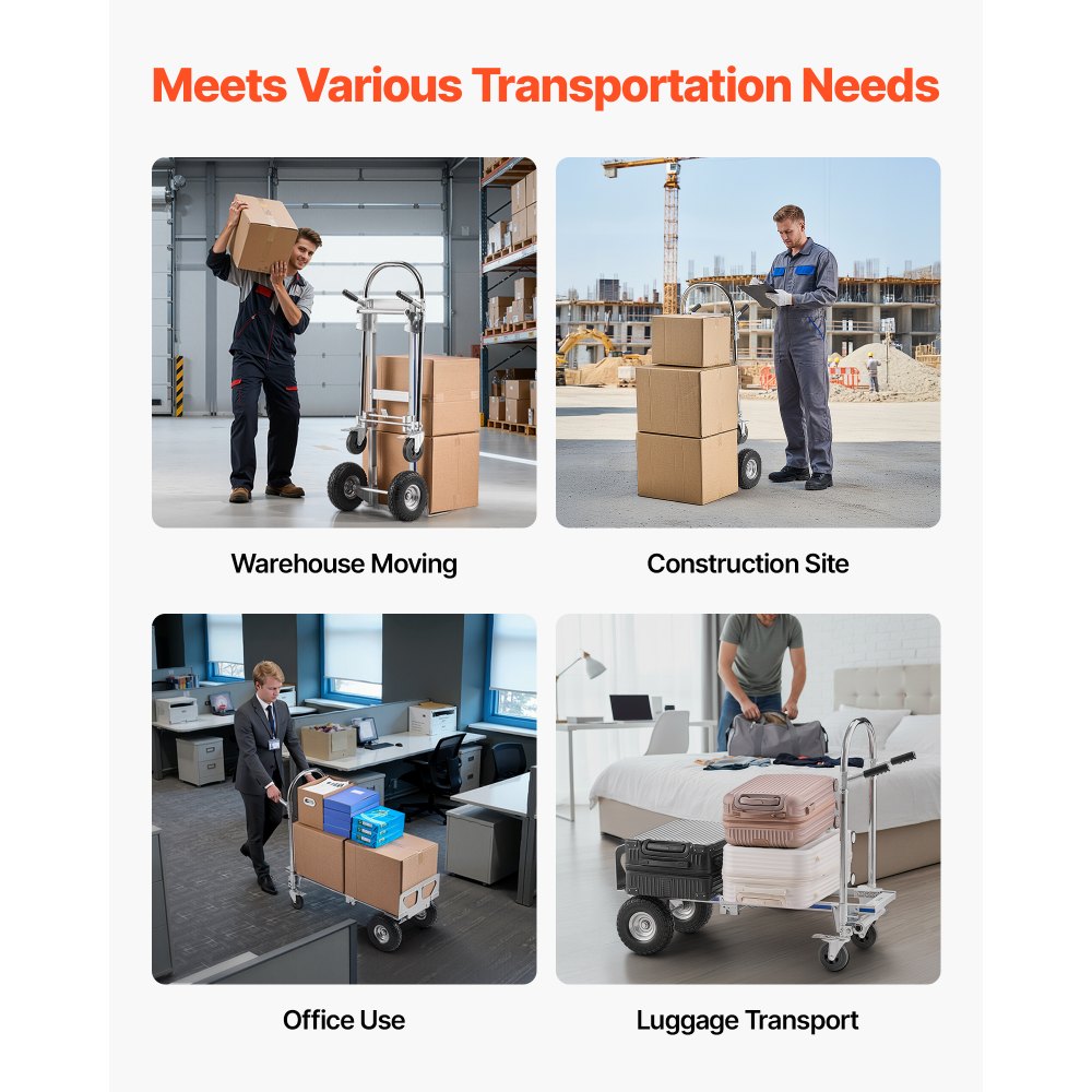 VEVOR 2 in 1 Hand Truck, 1000 lbs Load Capacity for 4-Wheel Mode, Convertible Hand Truck Dolly with Non-Slip Handle & Wheels, Portable Trolley Dolly for Moving Home, Office, Warehouse, Supermarket