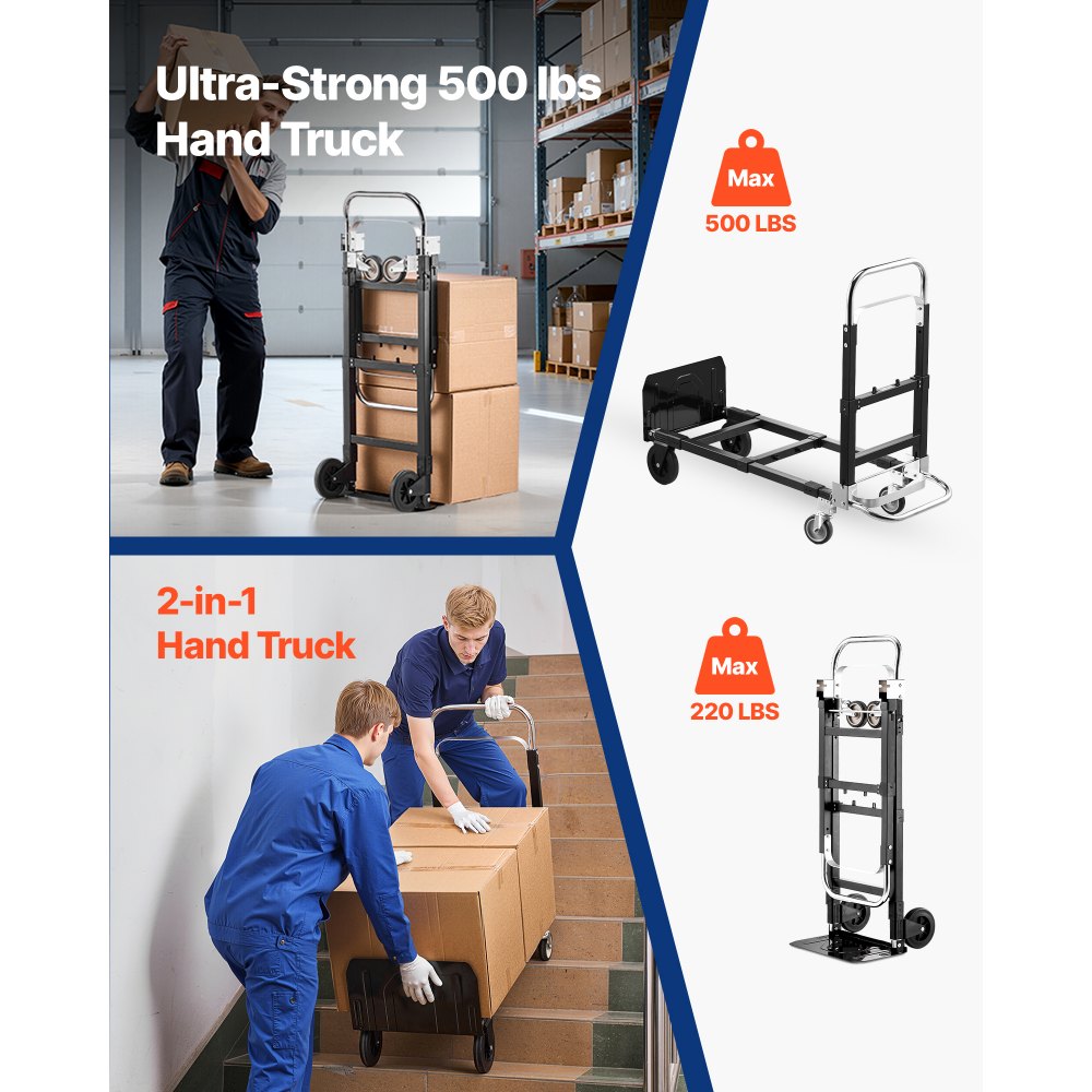 VEVOR 2 in 1 Folding Hand Truck, 500 lbs Load Capacity for 4-Wheel Mode, Convertible Hand Truck Dolly with Wheels & Adjustable Handle, Portable Trolley Dolly for Moving Home, Office, Warehouse