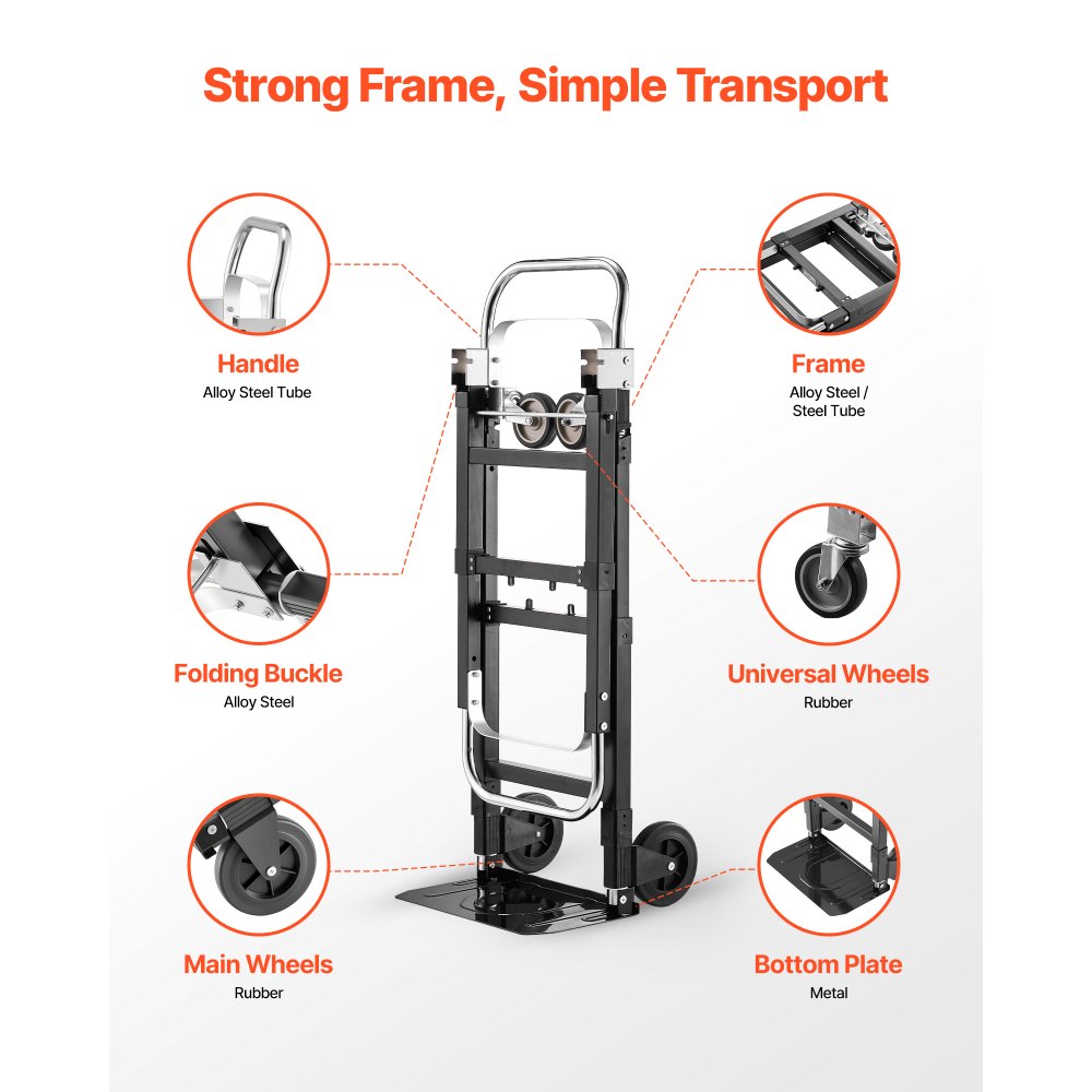 VEVOR 2 in 1 Folding Hand Truck, 500 lbs Load Capacity for 4-Wheel Mode, Convertible Hand Truck Dolly with Wheels & Adjustable Handle, Portable Trolley Dolly for Moving Home, Office, Warehouse