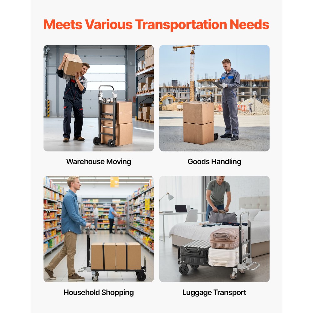 VEVOR 2 in 1 Folding Hand Truck, 500 lbs Load Capacity for 4-Wheel Mode, Convertible Hand Truck Dolly with Wheels & Adjustable Handle, Portable Trolley Dolly for Moving Home, Office, Warehouse