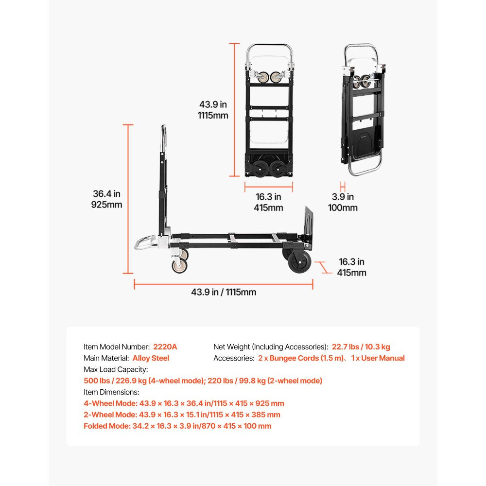 VEVOR 2 in 1 Folding Hand Truck, 500 lbs Load Capacity for 4-Wheel Mode, Convertible Hand Truck Dolly with Wheels & Adjustable Handle, Portable Trolley Dolly for Moving Home, Office, Warehouse