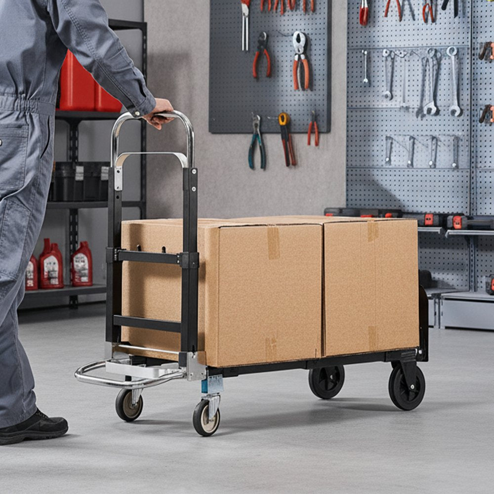 VEVOR 2 in 1 Folding Hand Truck, 500 lbs Load Capacity for 4-Wheel Mode, Convertible Hand Truck Dolly with Wheels & Adjustable Handle, Portable Trolley Dolly for Moving Home, Office, Warehouse