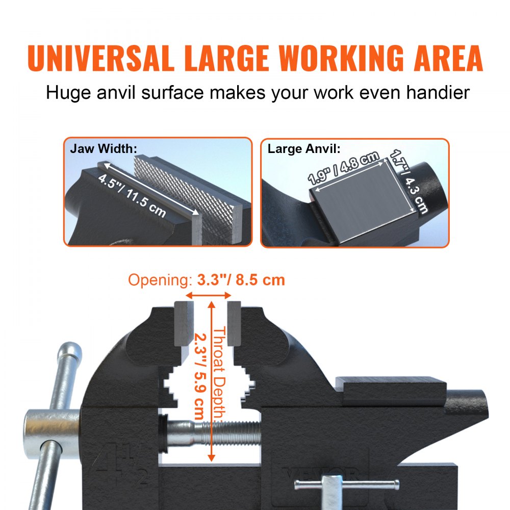 VEVOR Bench Vise, 4.5-inch Jaw Width 3.3-inch Jaw Opening , 240-Degree Swivel Locking Base Multipurpose Vise with Anvil, Heavy Duty Cast Iron Workbench Vise with Bolts & Nuts, for Drilling, Pipe Cutti