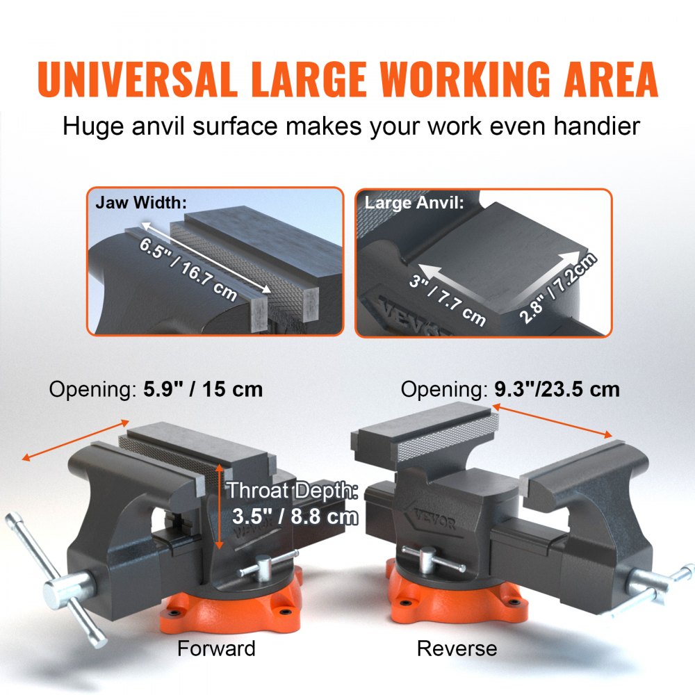 VEVOR Bench Vise, 6.5" Jaw Width 6.5" Forward &9.3" Reverse Opening, 360-Degree Swivel Locking Base Multipurpose Workbench with Anvil, Heavy Duty Ductile Iron with Bolts & Nuts, for Drilling, Pipe Cut