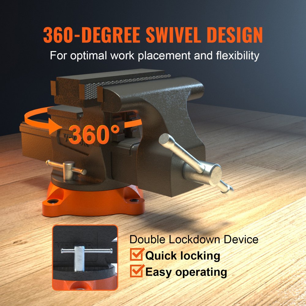 VEVOR Bench Vise, 6.5" Jaw Width 6.5" Forward &9.3" Reverse Opening, 360-Degree Swivel Locking Base Multipurpose Workbench with Anvil, Heavy Duty Ductile Iron with Bolts & Nuts, for Drilling, Pipe Cut