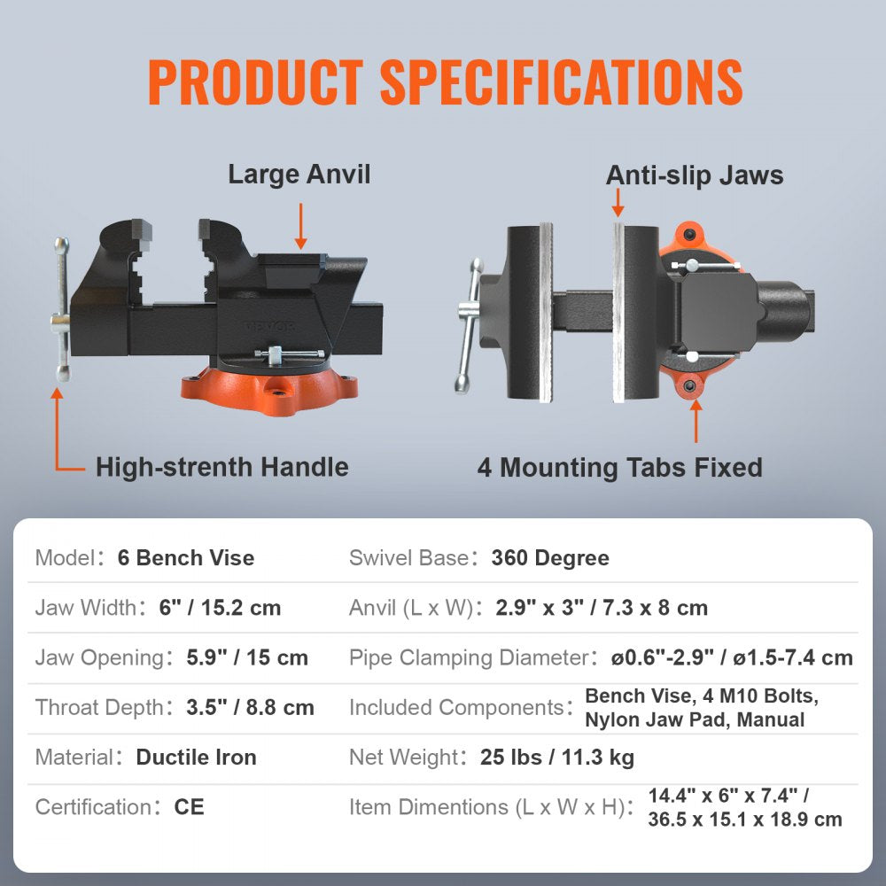 VEVOR Bench Vise, 6-inch Jaw Width 5.9-inch Jaw Opening, 360-Degree Swivel Locking Base Multipurpose Vise with Anvil, Heavy Duty Ductile Iron Workbench Vise with Bolts & Nuts, for Drilling, Pipe Cutti