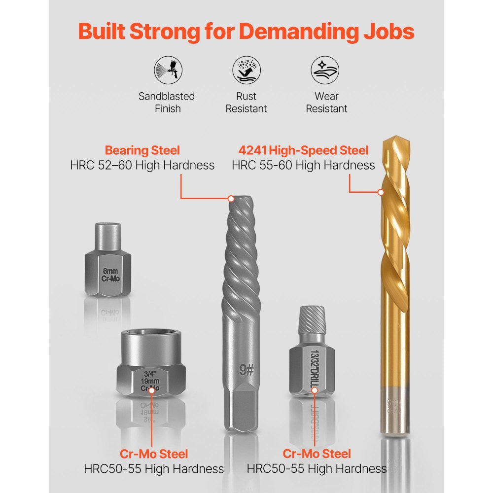 VEVOR Screw Extractor Set with Drill Bits, 54 Pieces, Easy Out Nut Bolt Extractors and Drill Bits, with Adapters, Solid Storage Case, Cr-Mo Steel for Removing Rounded, Broken, or Stripped Fasteners