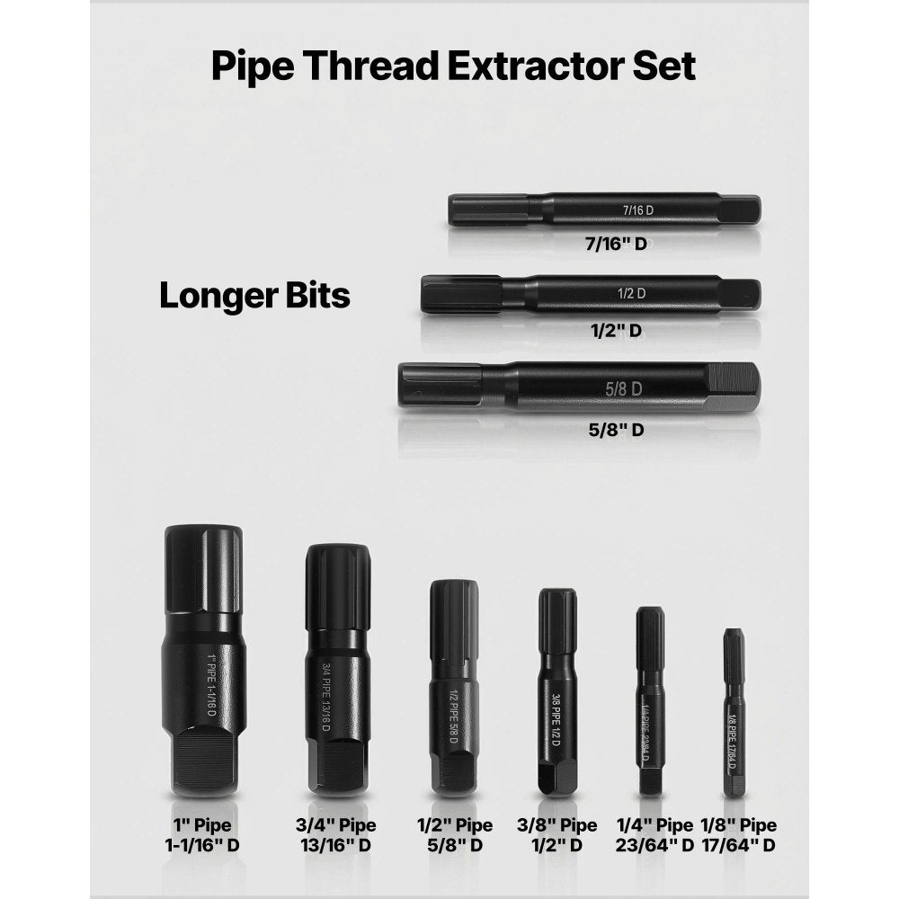 VEVOR Pipe Extractor Set, 9 Pieces Heavy Duty Steel Broken Pipe Extractors, with Solid Storage Case, Cr-Mo Steel for Removing 1/8" to 1" Damaged Threaded Pipes and Fittings, for Plumbers Mechanics DIY