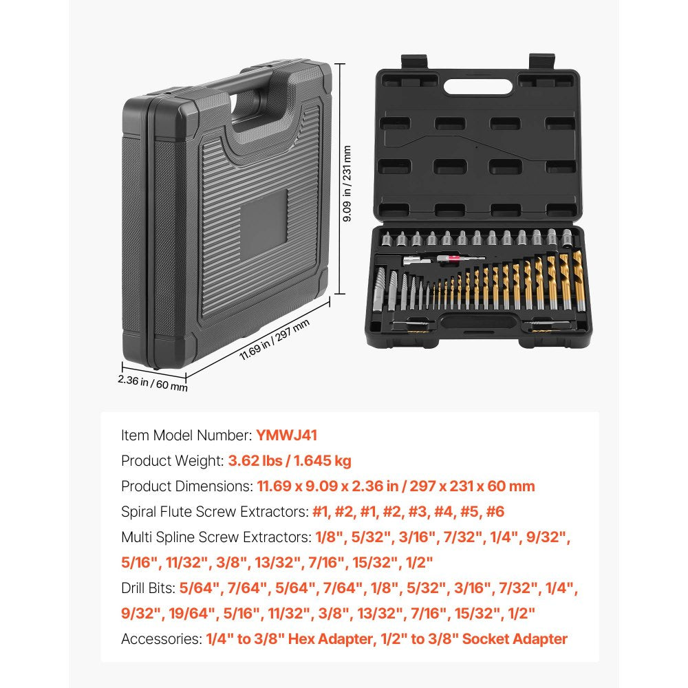 VEVOR Screw Extractor Set with Drill Bits, 41 Pieces, Easy Out Bolt Extractors and Drill Bits, with Adapters, Solid Storage Case, Cr-Mo Steel for Removing Rounded, Broken, or Stripped Bolts, Screws