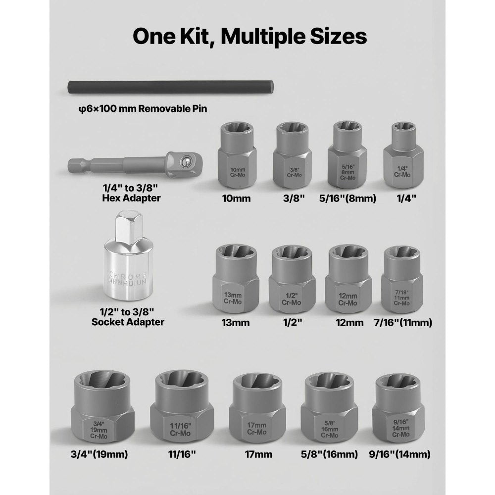 VEVOR Bolt Extractor Kit, 16 Pieces Impact Bolt & Nut Remover Set with Adapters and Pin Punch, Solid Storage Case, Cr-Mo Steel for Removing Damaged, Rusted, Stripped, Rounded Bolts, Nuts and Screws