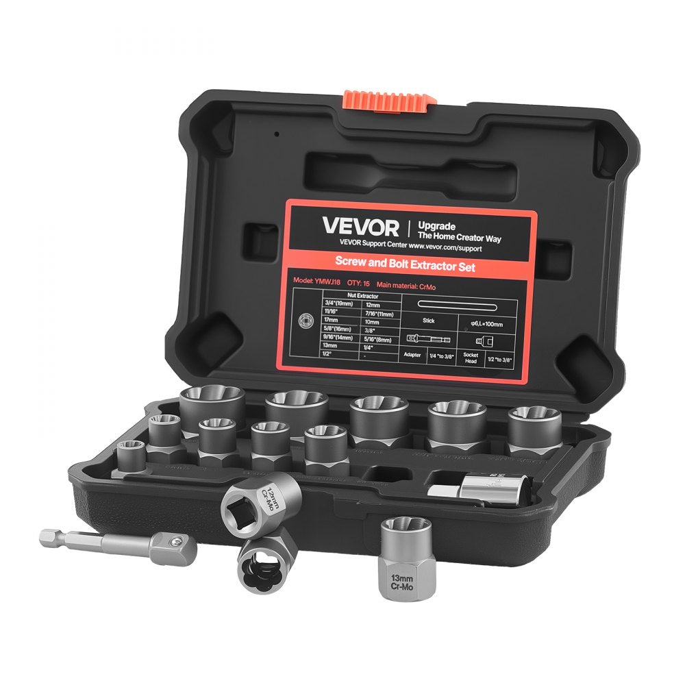 VEVOR Bolt Extractor Kit, 16 Pieces Impact Bolt & Nut Remover Set with Adapters and Pin Punch, Solid Storage Case, Cr-Mo Steel for Removing Damaged, Rusted, Stripped, Rounded Bolts, Nuts and Screws